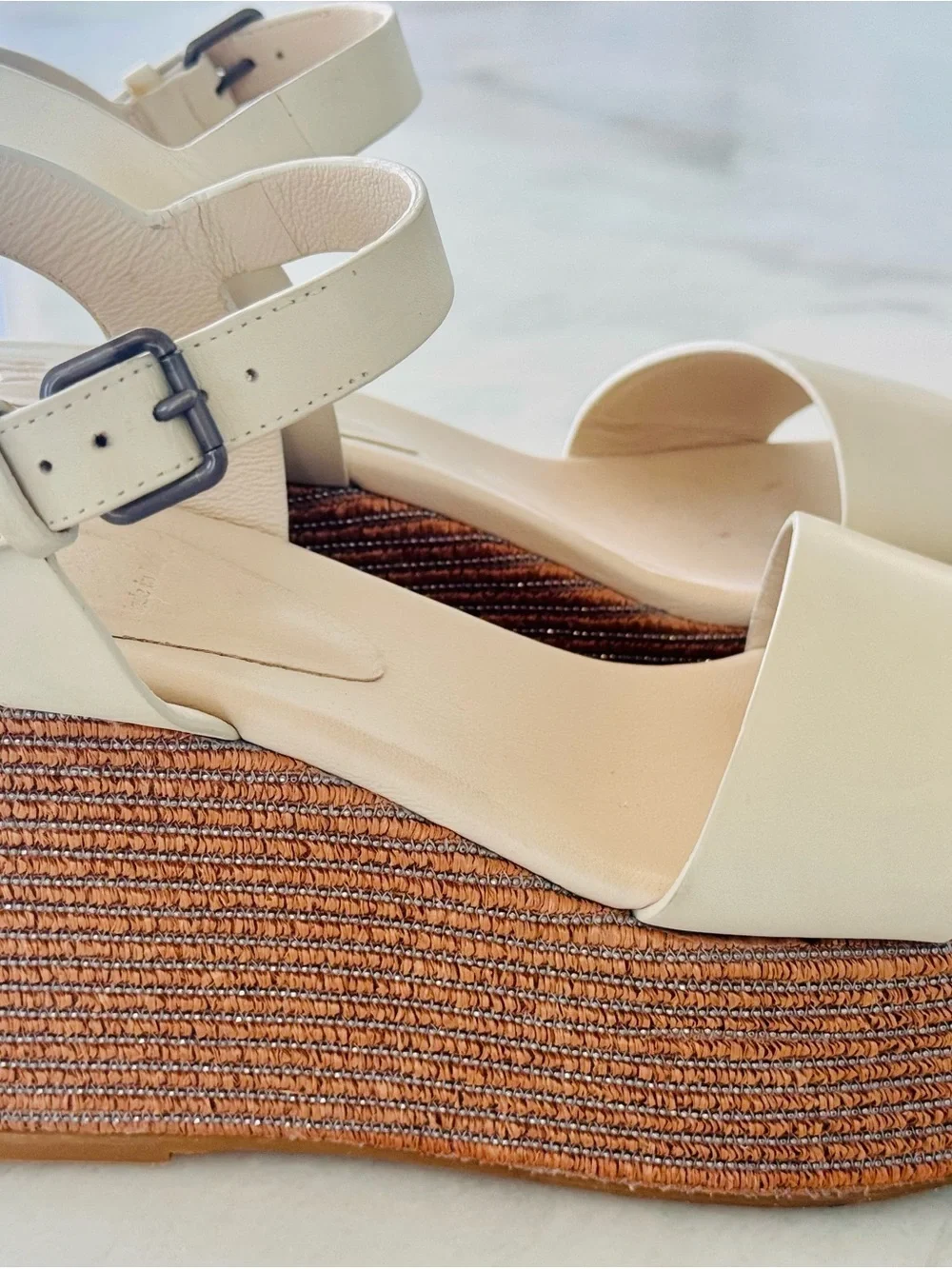 Brunello Cucinelli Cream Leather Platform Ankle-Strap Sandals